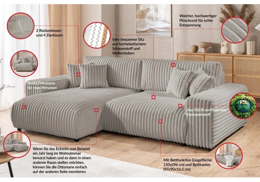 Világosszürke kordbársony kinyitható-tárolóhelyes sarokkanapé (bal oldali) Sarina – Ropez