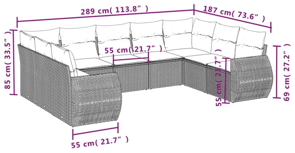 9-részes szürke polyrattan kerti ülőgarnitúra párnákkal