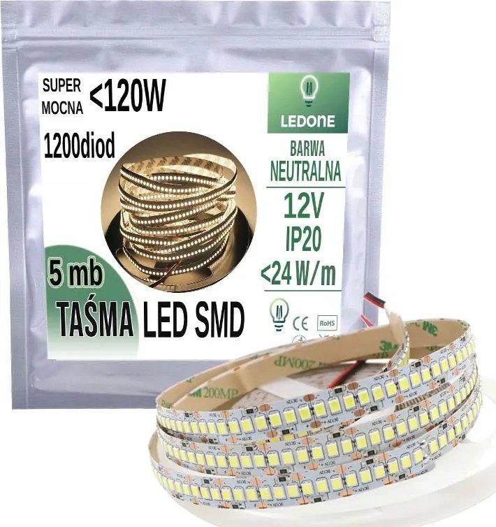 Szuper Erős Prémium Led szalag 12V SMD2835 IP20 Semleges szín 1200d 5mb