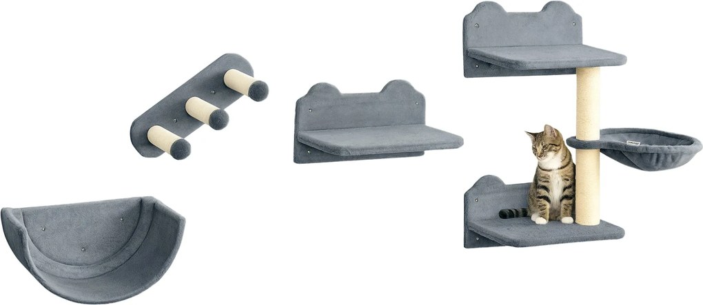 PawHut 4 részes macska mászófal készlet macska lépcsővel, macska híddal, függőággyal, ugróplatformmal, falra szerelhető macska fa, max. 5 kg-os macská