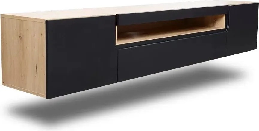 Loftia fali kétajtós TV szekrény 200 cm - artisan tölgy / matt fekete