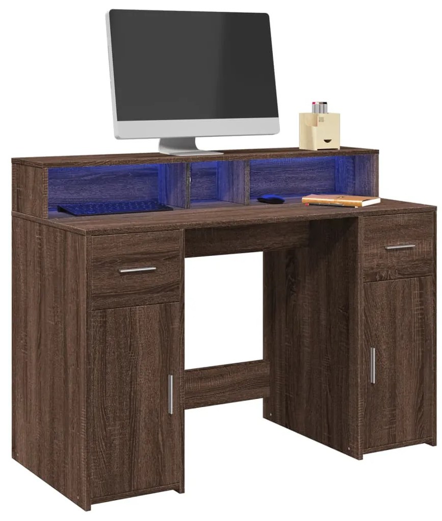 barna tölgy színű szerelt fa íróasztal LED-ekkel 120x55x91 cm