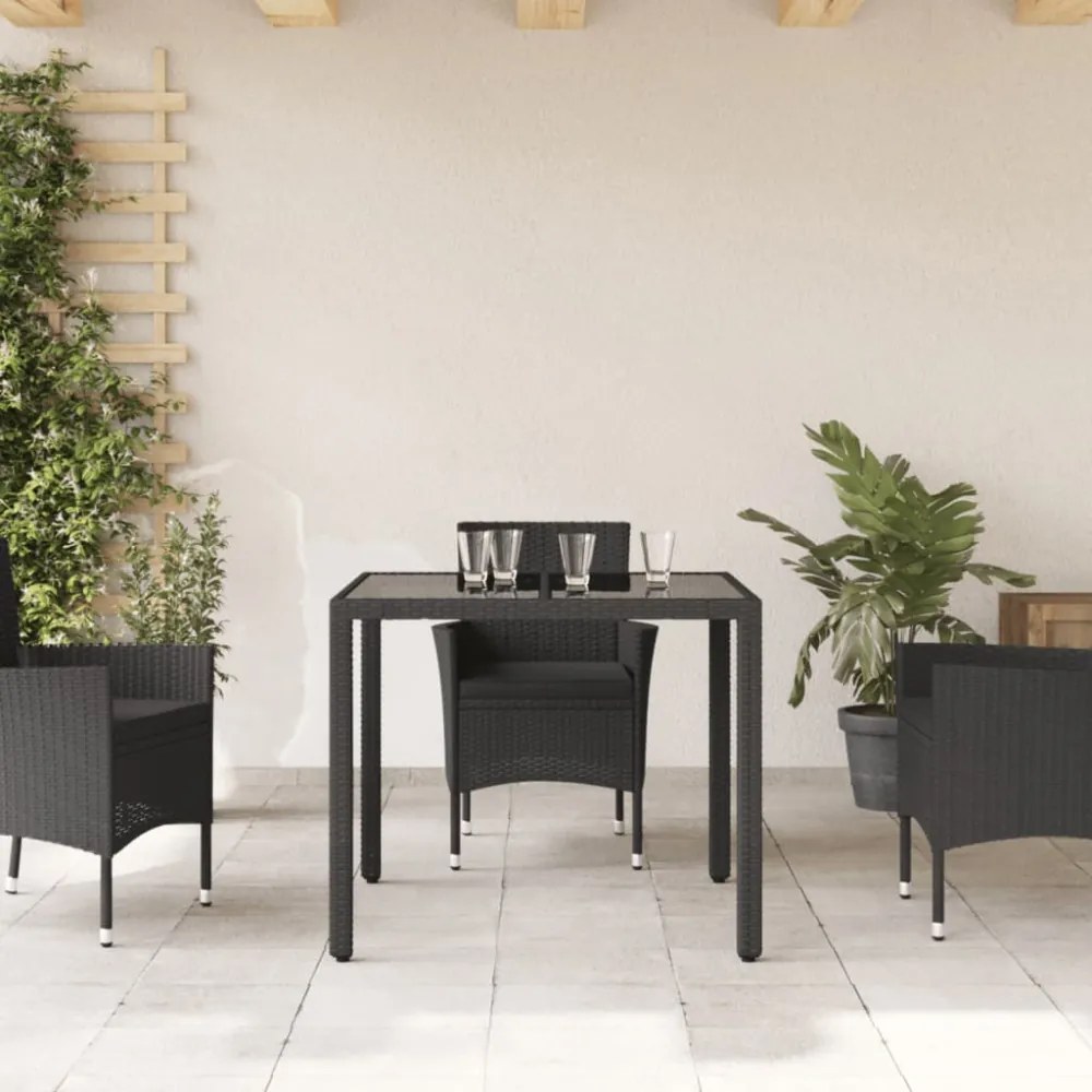 fekete polyrattan üveglapos kerti asztal 90 x 90 x 75 cm