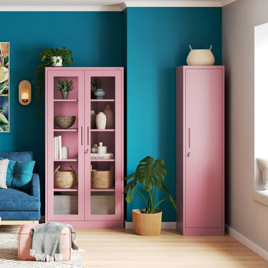Keskeny fém irodai iratszekrény, púderrózsaszín, 450x1850x400 mm: ALEX Fresh Style