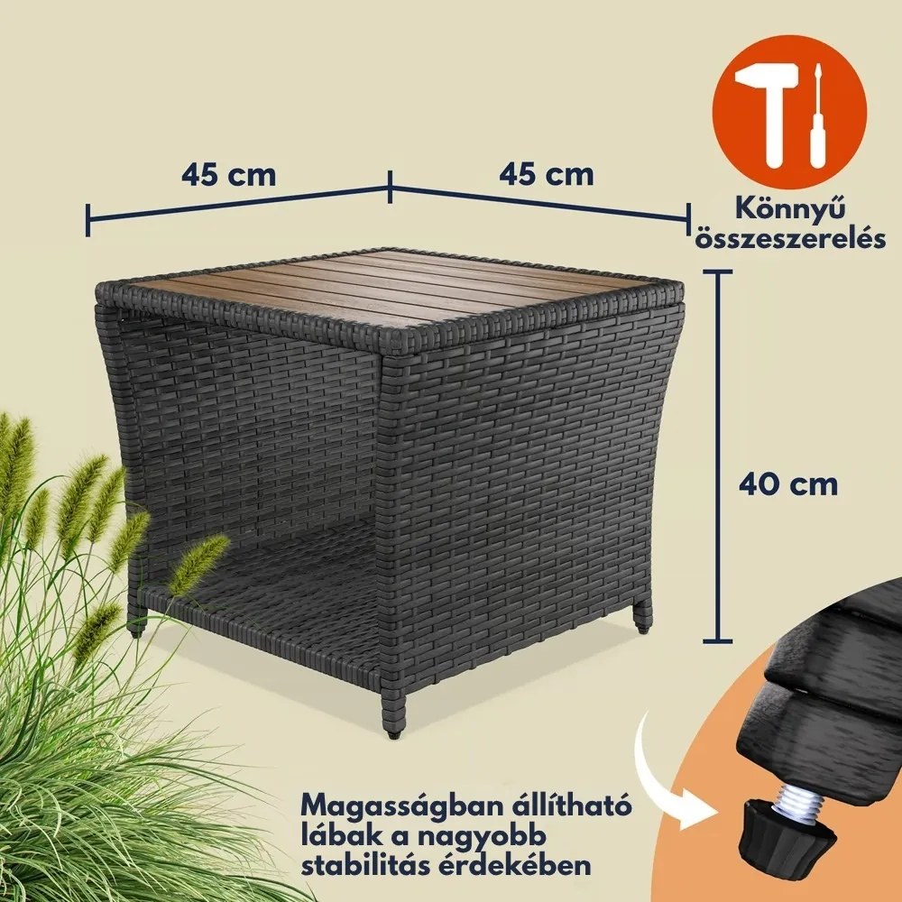 ROCCO polyrattan oldalasztal akácfával, 40x45x45cm, barna/szürke Casaria