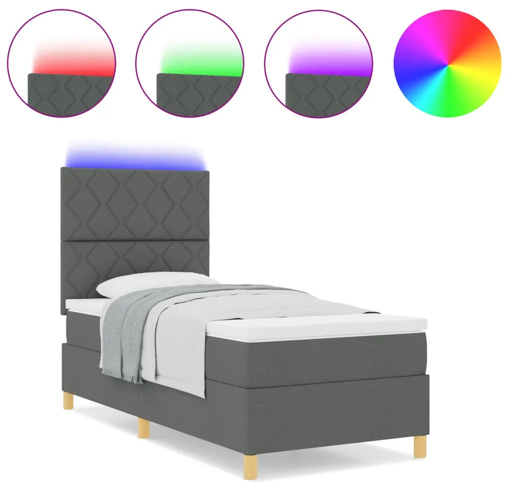 Box Spring ágy matraccal és LED lámpával Sötét Szürke 100x200 cm Szövet