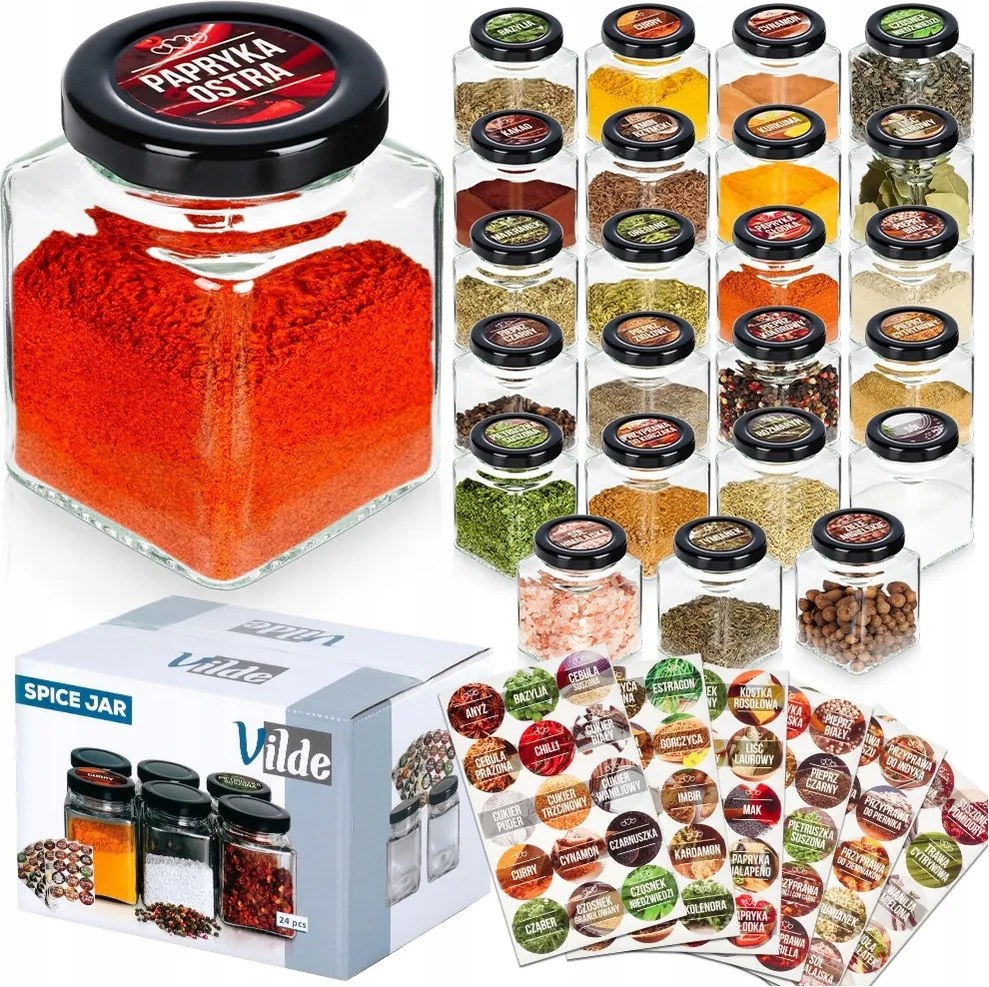 24x Fűszertartók konyhai üveg tégelyek befőttes üvegek címkék