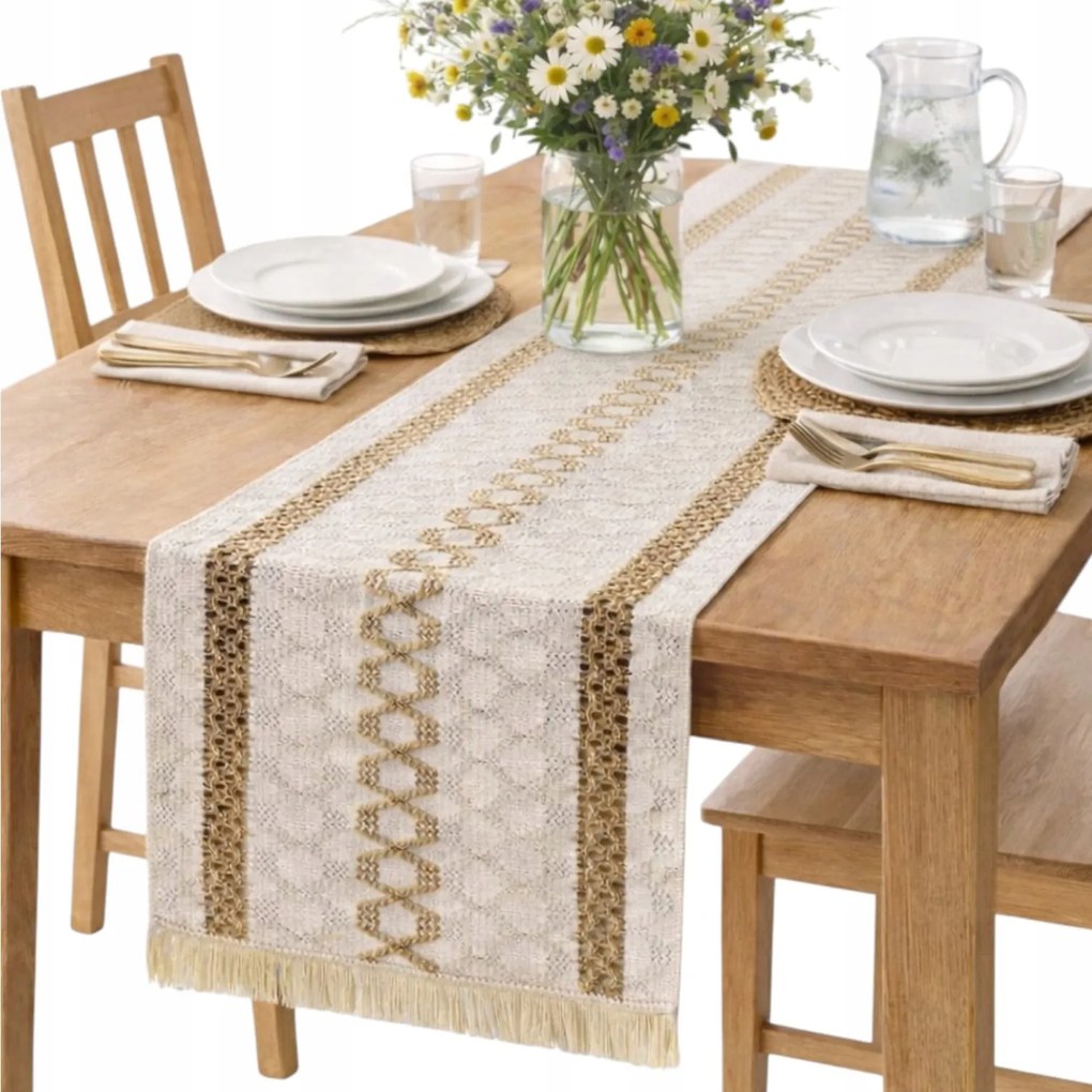 Horgolótű asztalra boho Bézs Rusztikus bézs 37x180 hosszú rojt