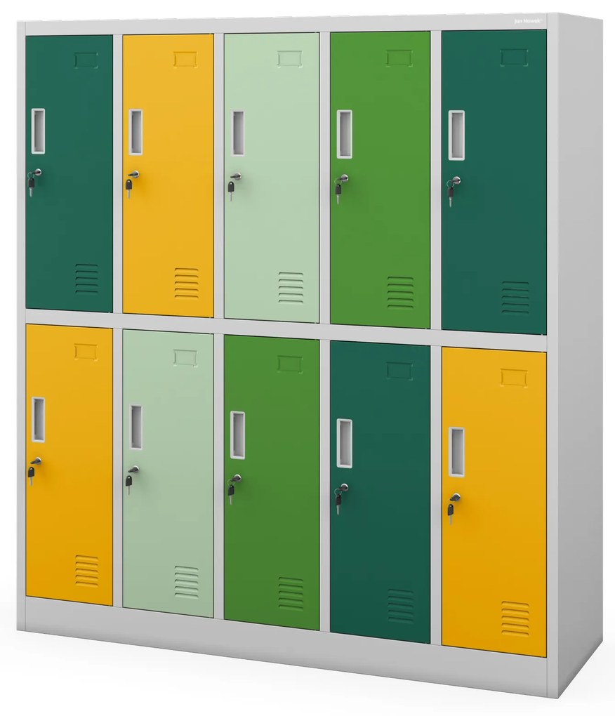 Fém szekrény, 10 rekeszes BARTUŚ, 1360 x 1500 x 450 mm, szürke-többszínű