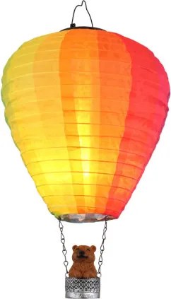 Globo 36138 Solar lámpa, hőlégballon, műanyag ezüstszínű, műanyag barna, textil színű, fém fekete matt, nyomógombos, tűz hatású, AA 600mAh 3V elemmel, IP44, ø: 270mm, M: 440mm, tartozék: 24x LED 0.06W 3V, 1800K