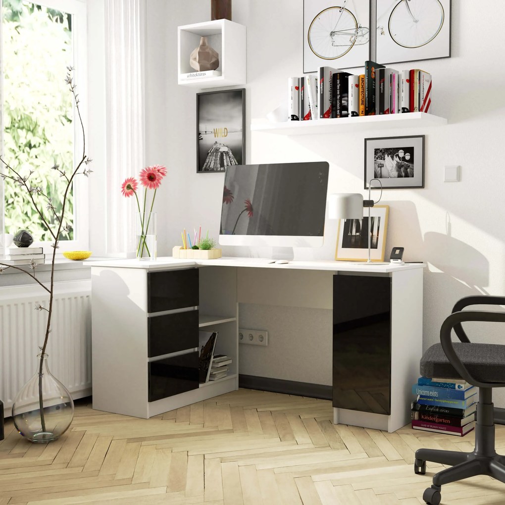 Sarok PC asztal Bienvenida (fehér + fényes fekete) (L). 1117056