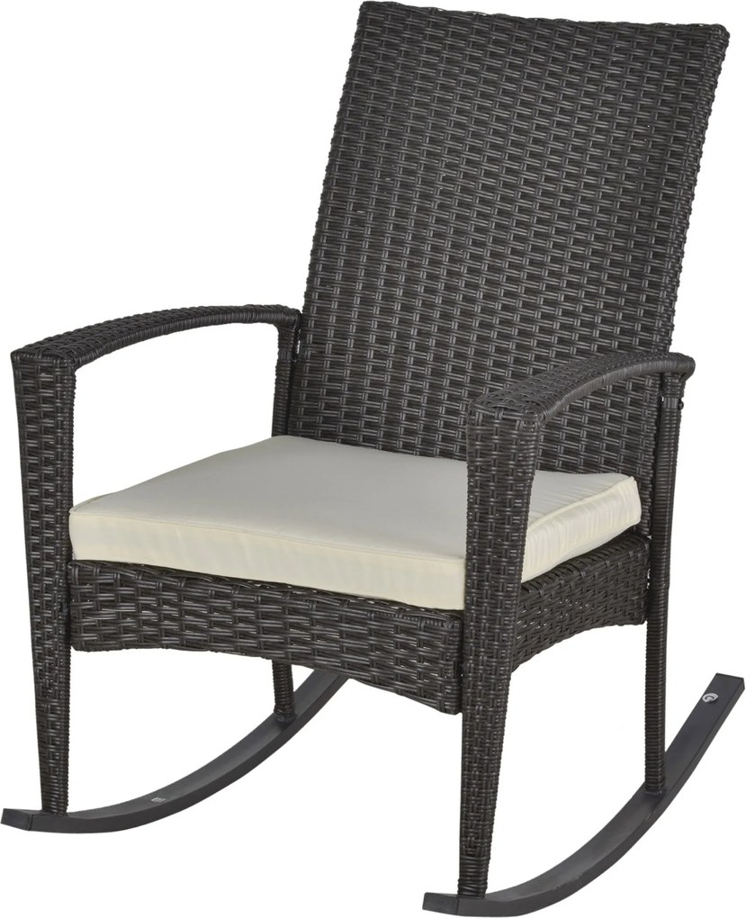 Outsunny Hinta Szék, Ringató Karosszék Kerti Szék Párnával, Polyrattan+Fém, Barna+Krém, 66 x 88 x 98 cm | Aosom