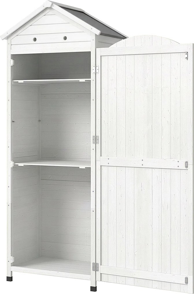 Outsunny magas fenyő kerti tárolószekrény állítható polcokkal, mágneses ajtóval és horganyzott tetővel, 85 x 58 x 213 cm — fehér | Aosom