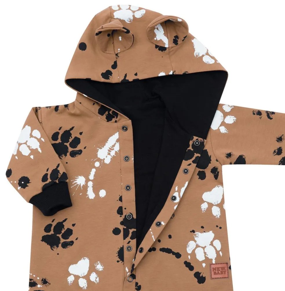 Baba pamut kezeslábas kapucnival fülekkel New Baby mancsát mustárszín, vel. 62 (3-6 h)