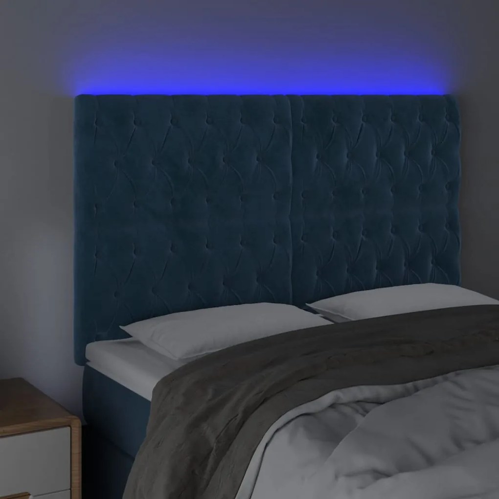 sötétkék bársony LED-es fejtámla 160x7x118/128 cm