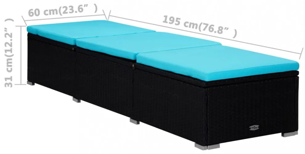 3 részes fekete polyrattan kerti napozóágy szett asztallal