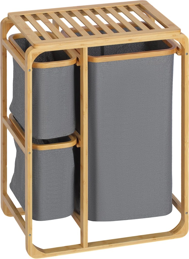 HOMCOM Szennyes Kosár Hamper Platform Rafinnal 3 Kivehető Mosókendő Szervező A Hálószobához Fürdőszobához Bambusz Szürke+Természetes 50 x 32 x 69,7 cm