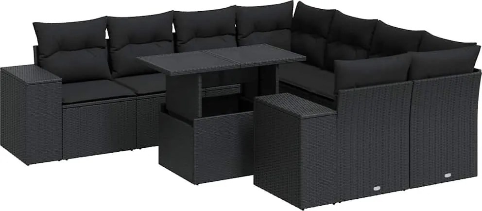 vidaXL 9 részes fekete polyrattan kerti ülőgarnitúra párnákkal