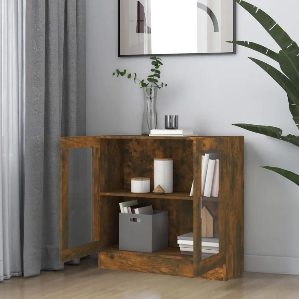 füstös tölgy színű szerelt fa vitrinszekrény 82,5x30,5x80 cm