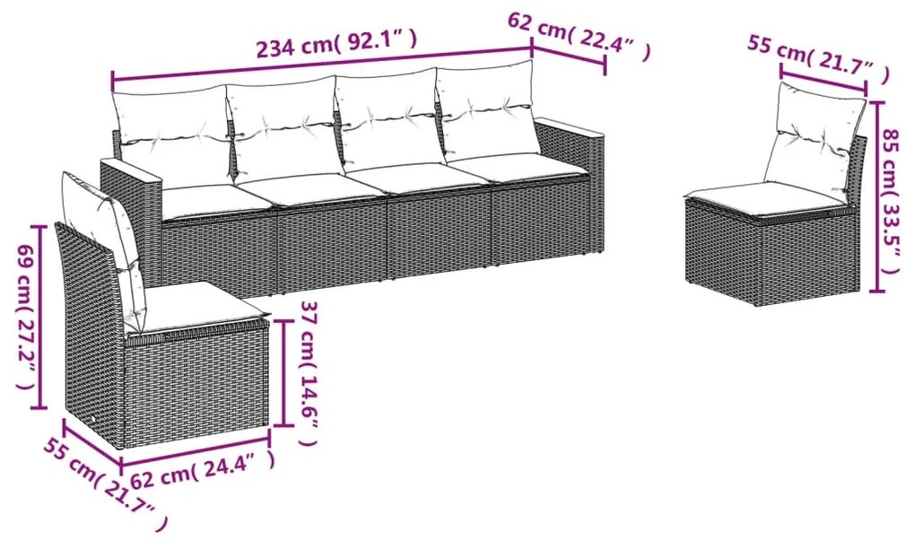 6 részes bézs polyrattan kerti ülőgarnitúra párnával