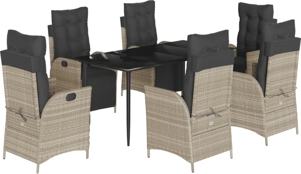 vidaXL 7 részes világosszürke polyrattan kerti étkezőszett párnával