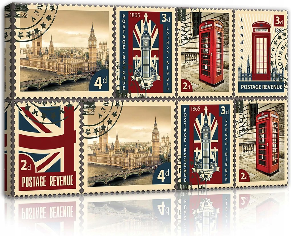 Vászonkép 60x40 London Kollázs Big Ben szimbólumokkal és piros fülkével Retro stílusban