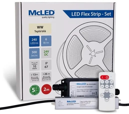 McLED  LED szalag - készlet 2 m + Vevő Nano IP67, 240 LED/m, WW, 6 W/m, DC 24V, 500 lm/m, CRI90, IP67, 10 mm, Vezető 3 m ML-126.034.90.S02002