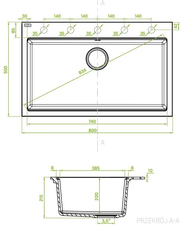 Laveo Tau, 1 kamrás gránit mosogató 800x500x215 mm, szürke, LAV-SBT_5108