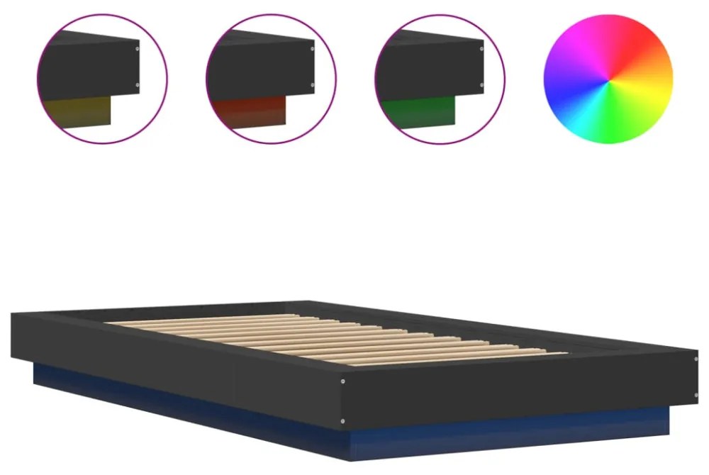fekete szerelt fa ágykeret LED-világítással 100 x 200 cm