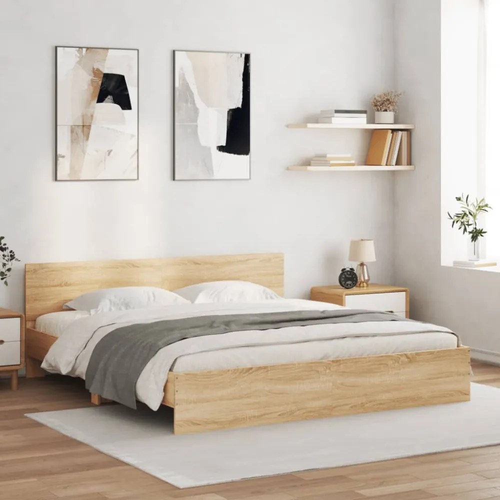 sonoma tölgy színű ágykeret fejtámlával és LED-del 180 x 200 cm