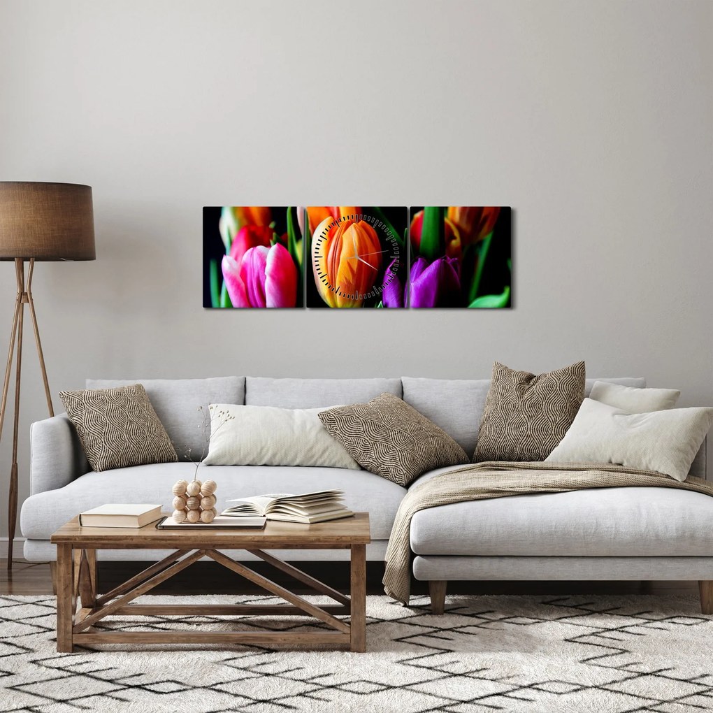Tulipánok képe fekete alapon (órával) (90x30 cm)