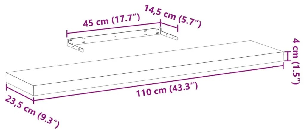 4 db szerelt fa függőpolc 110 x 23,5 x 4 cm