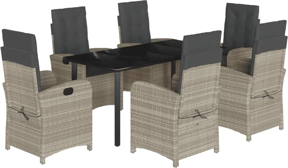 vidaXL 7 részes világosszürke polyrattan kerti étkezőszett párnával