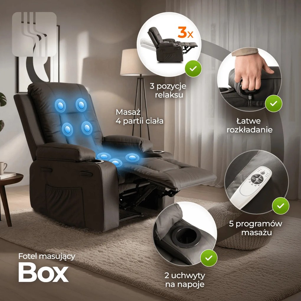 BOX masszázsfotel sötétbarna ökobőr kárpittal