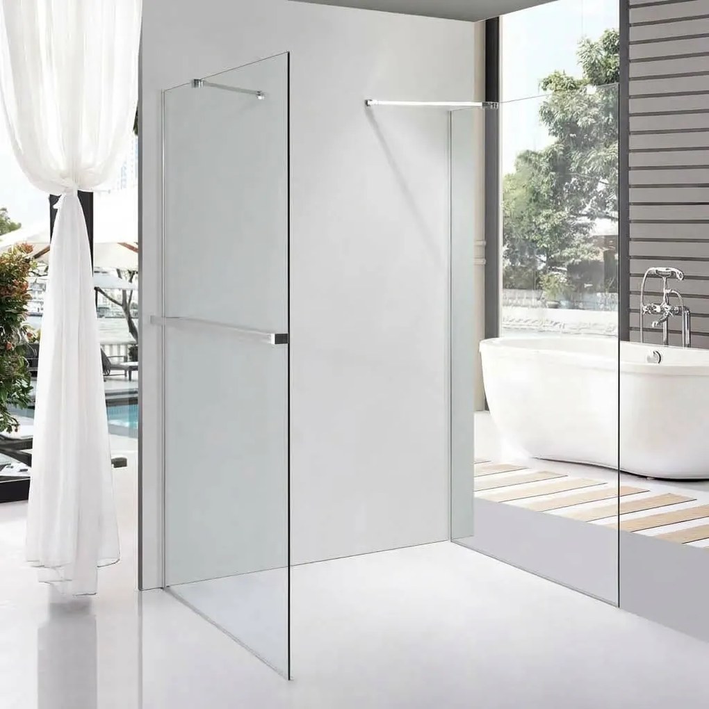 Stuxi Milano Gate Plus 1 falsíkra szerelhető, két oldalfalas walk-in zuhanyfal, 70x80 cm, 8 mm vastag vízlepergető biztonsági üveggel, helytakarékos sarokmerevítőkkel