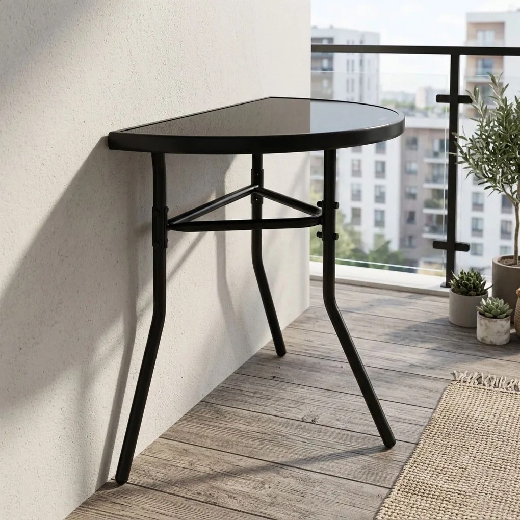 Kerti asztal, MultiGarden SC-090-1, fekete, 70 x 40 cm, magasság: 64 cm, félköríves, edzett üveglap, porszórt acél váz