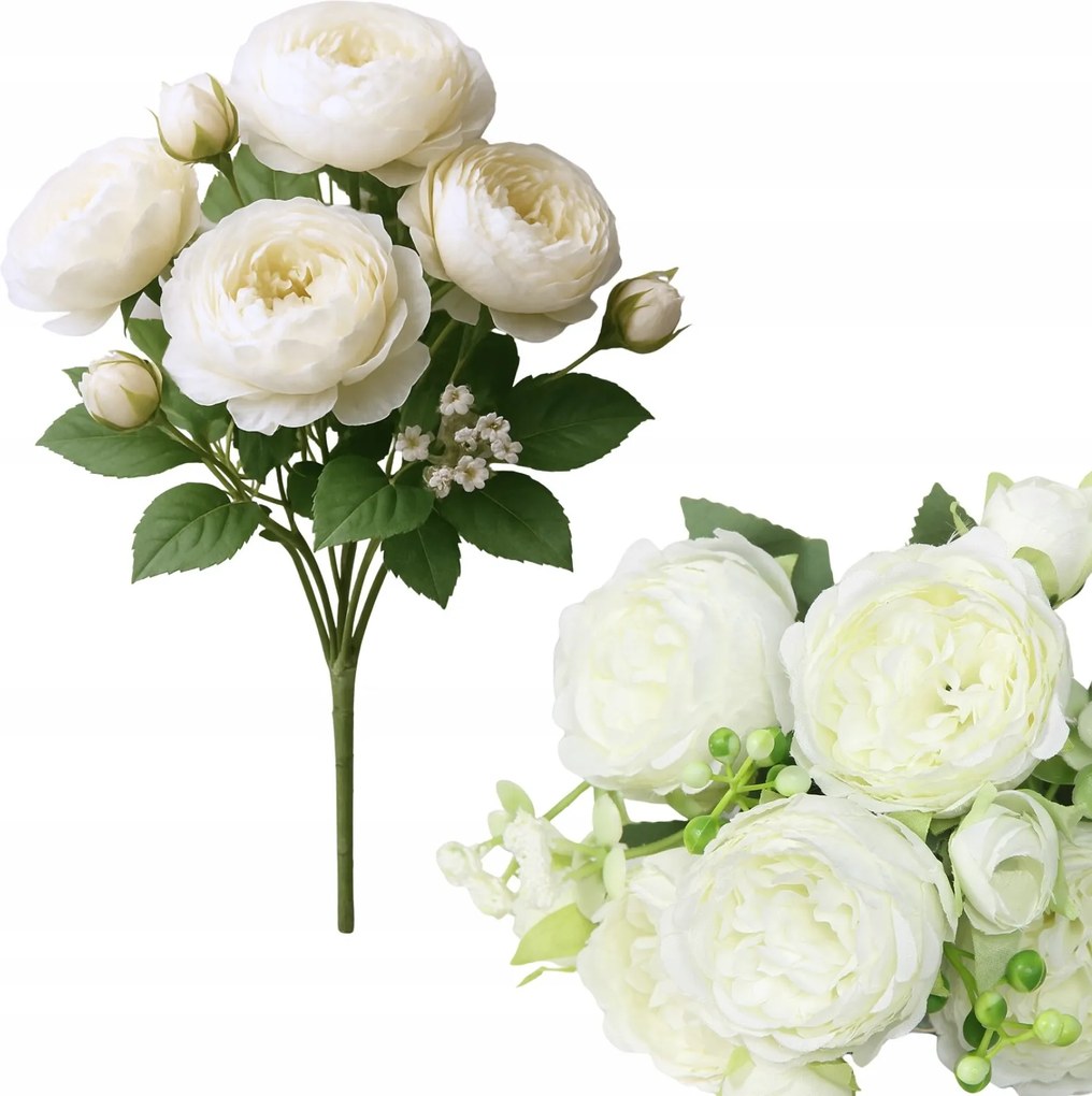Mesterséges Bazsarózsa Csokor Fehér Krémszínű 35cm Dekorációs Virágok Vázához