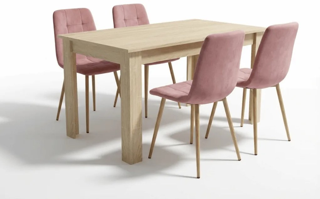 Étkező garnitúra 1 + 4, UMEKO asztal 120x80 cm sonoma tölgy + rózsaszín bársony KARA szék