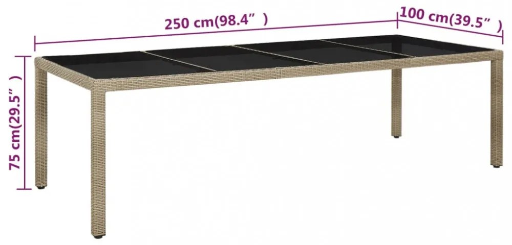bézs polyrattan és edzett üveg kerti asztal 250 x 100 x 75 cm