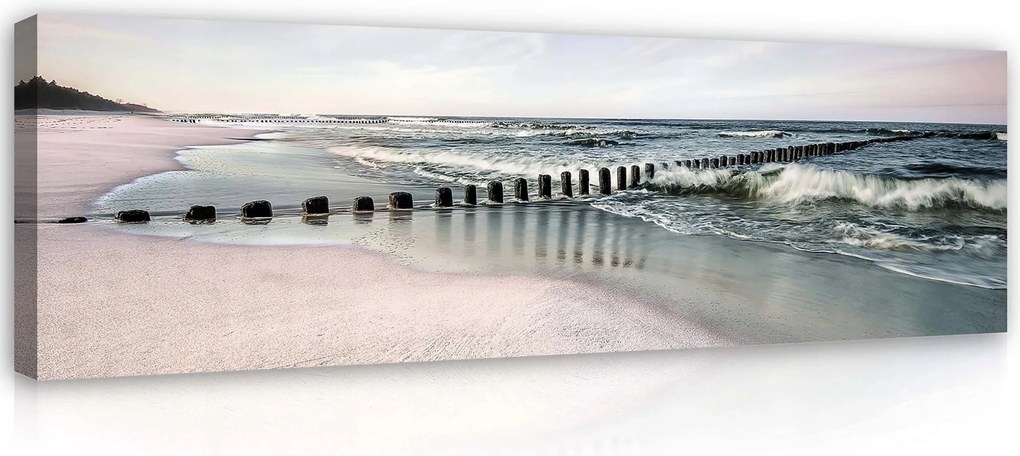 Vászonkép 145x45 Tenger tengerpart hullámok fa cölöpök nyugalom természet melankólia
