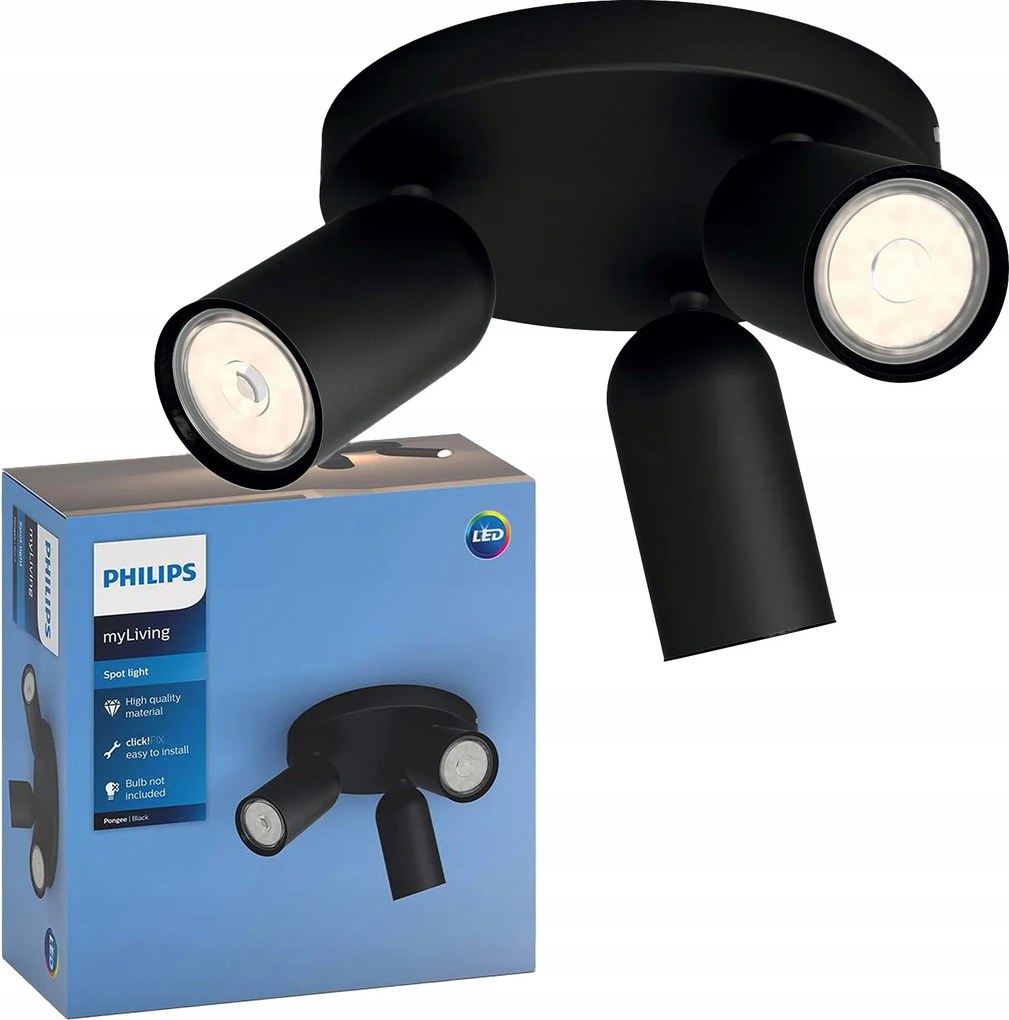 Mennyezeti lámpa Falra szerelhető spotlámpa 3x GU10 fekete Pongee Philips