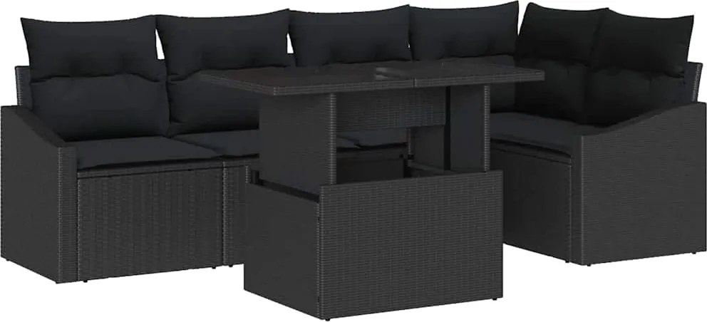 vidaXL Kerti Kanapé Szett párnával tárolóval 6 pcs Fekete polirattan