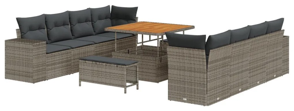11 részes kertisofa garnitúra párnákkal szürke poli rattan akáccal, 3 részes kertiszék garnitúra párnákkal szürke poli rattan akáccal