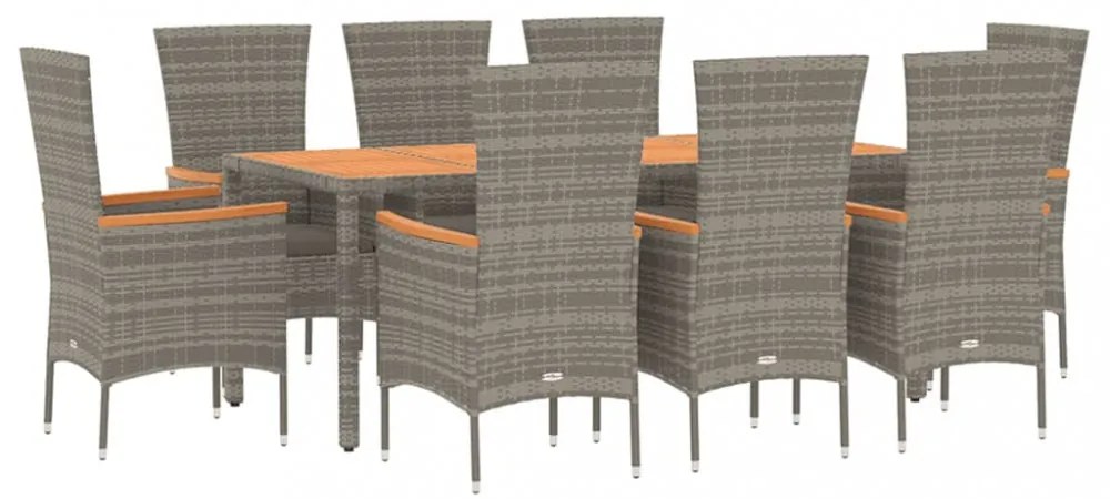 9 részes szürke polyrattan kerti étkezőgarnitúra párnával
