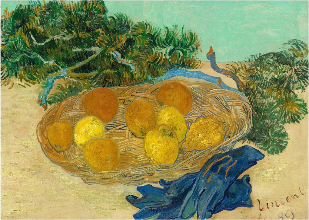 Üveg kép - Vincent van Gogh, Still Life of  Oranges and Lemons with  Blue Gloves, reprodukciók (70x50 cm)
