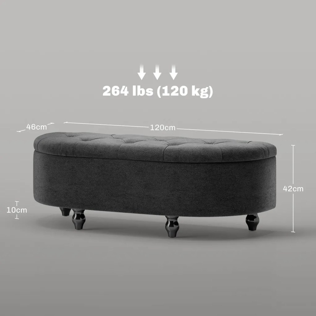 HOMCOM Puff tárolóval, kárpitozott, lágyan záródó fedéllel, bársonyhatású, 120 x 46 x 42 cm, sötétszürke