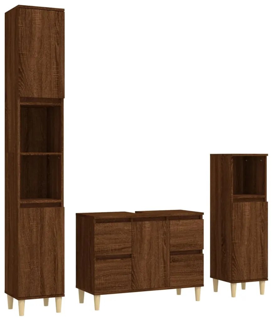 3 részes barna tölgy színű szerelt fa fürdőszobai bútorszett