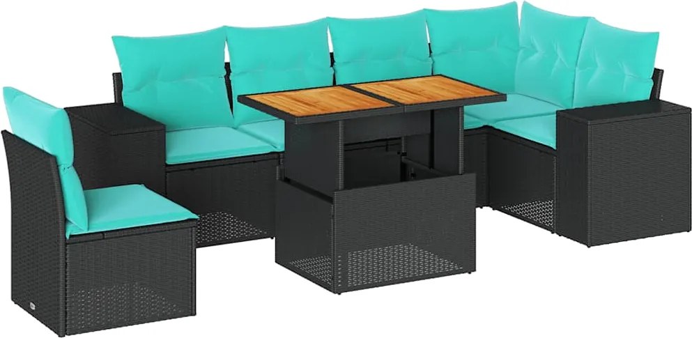 vidaXL 7 részes fekete polyrattan kerti ülőgarnitúra párnával