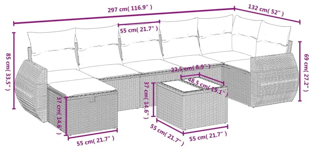 8 részes fekete polyrattan kerti ülőgarnitúra párnákkal