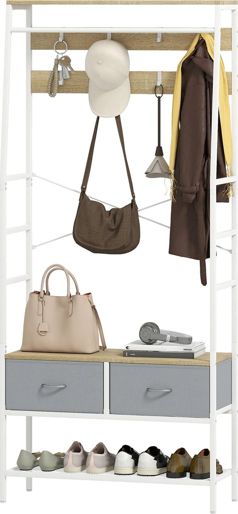 HOMCOM Kabátállvány Cipőtartó Előtér Kabátállvány Cipőtartó 8 Horog 2 Szövet Fiók Fém Rács Polc Ipari Stílusban Ruhák Akasztásához Előszobába, Hálószo